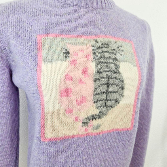 Vintage pastel purple pink kitty cat sweater puff sleeves fairy kei kawaii FLAW - Picture 3 of 9